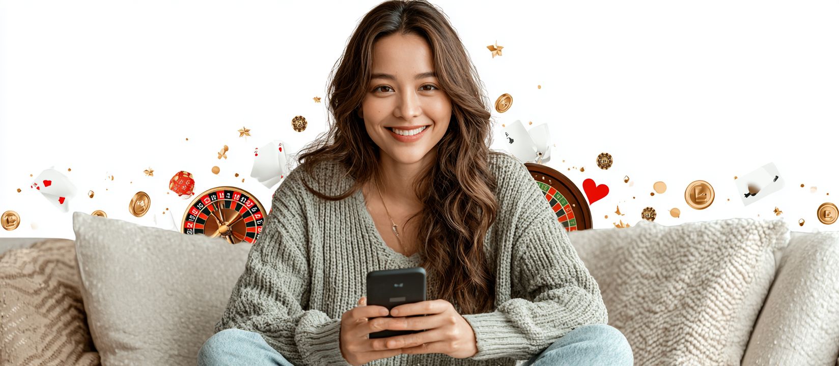 Smiling young woman playing OKBAJE casino on her smartphone with roulette and poker elements in the background