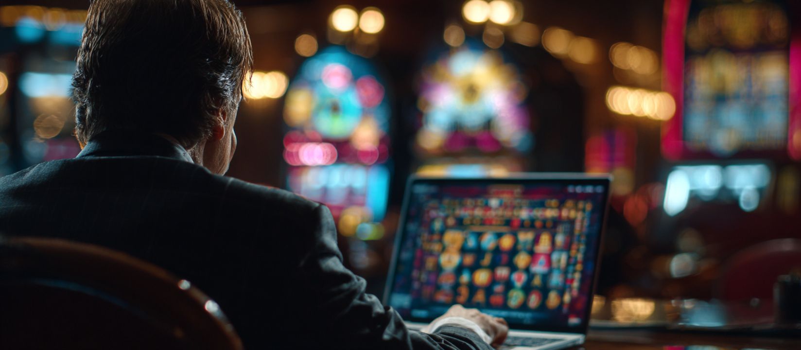 Player enjoying colorful OKBAJE online slot games on a laptop inside a casino hall