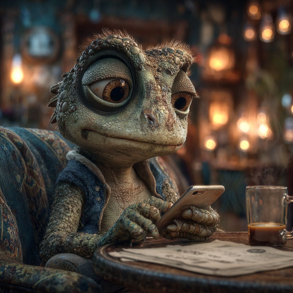 Friendly casino lizard mascot relaxing with coffee and smartphone at OKBAJE online casino lounge