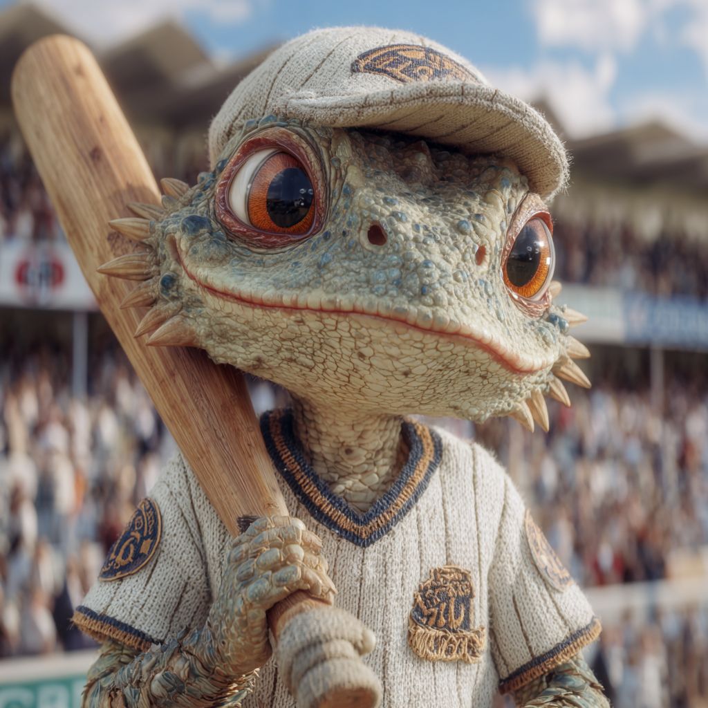 Cheerful lizard mascot dressed in cricket uniform holding a bat at OKBAJE sports betting arena