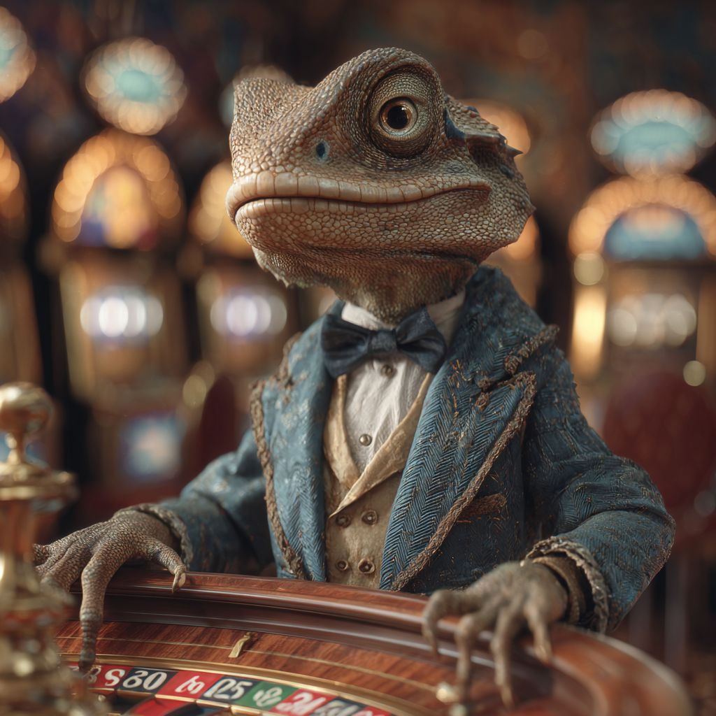 Stylish lizard mascot in tuxedo standing at roulette table inside OKBAJE casino hall