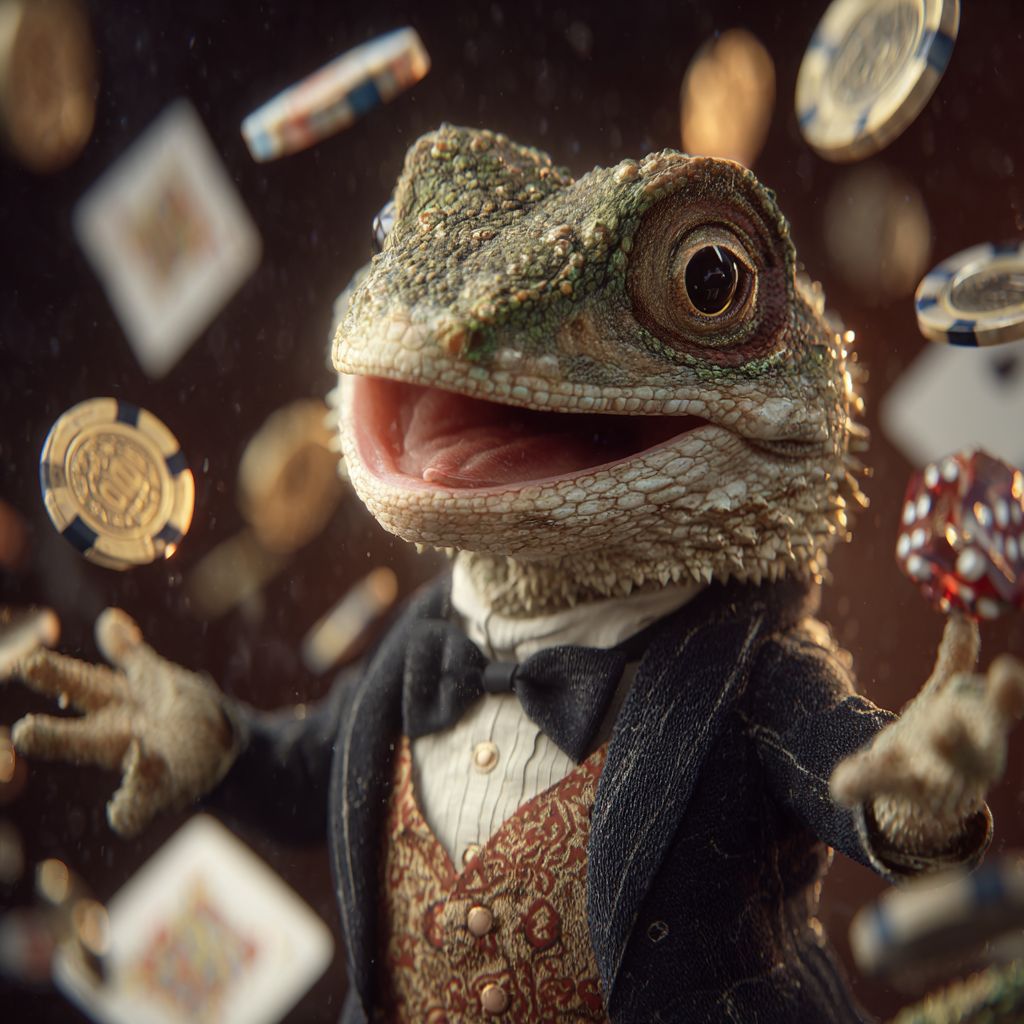 Happy casino lizard mascot in elegant suit celebrating with poker chips and cards at OKBAJE