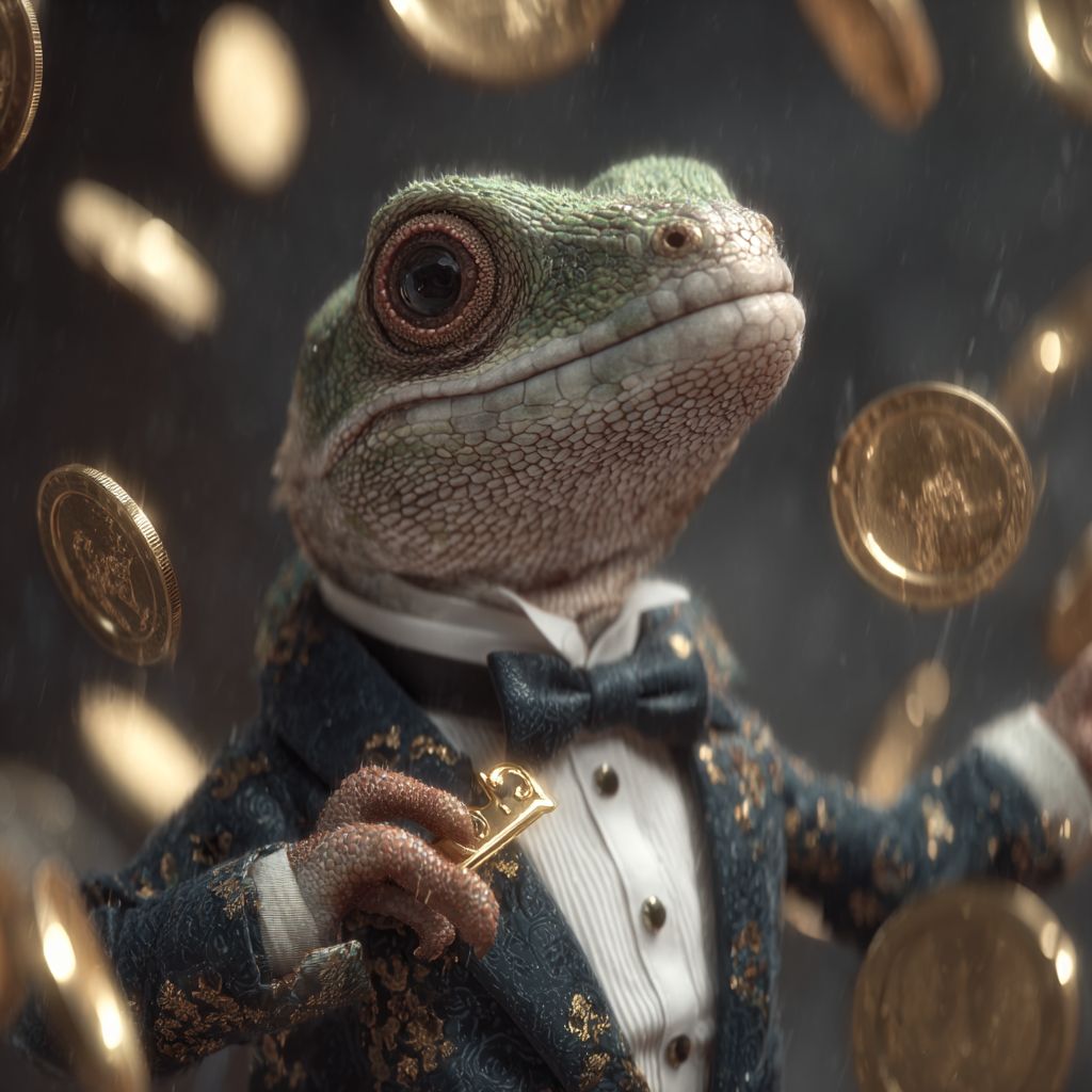 Confident lizard mascot in golden embroidered suit surrounded by shining coins at OKBAJE casino