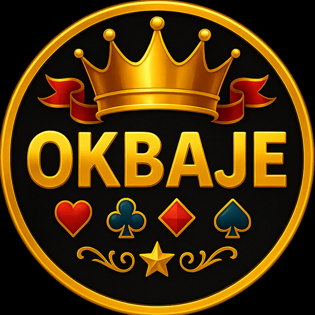 Golden OKBAJE casino logo with crown and card symbols representing luxury online gaming