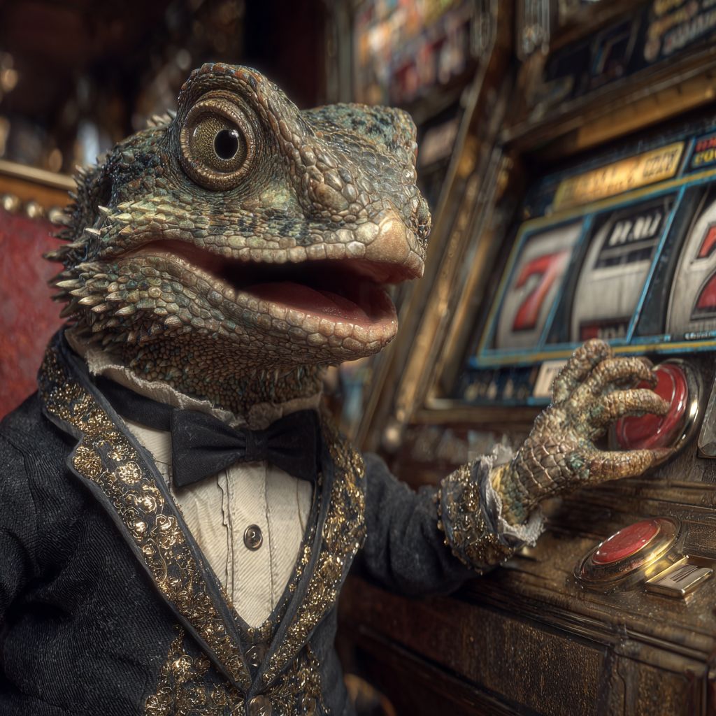 Excited lizard mascot in sparkling tuxedo playing slot machines at OKBAJE online casino