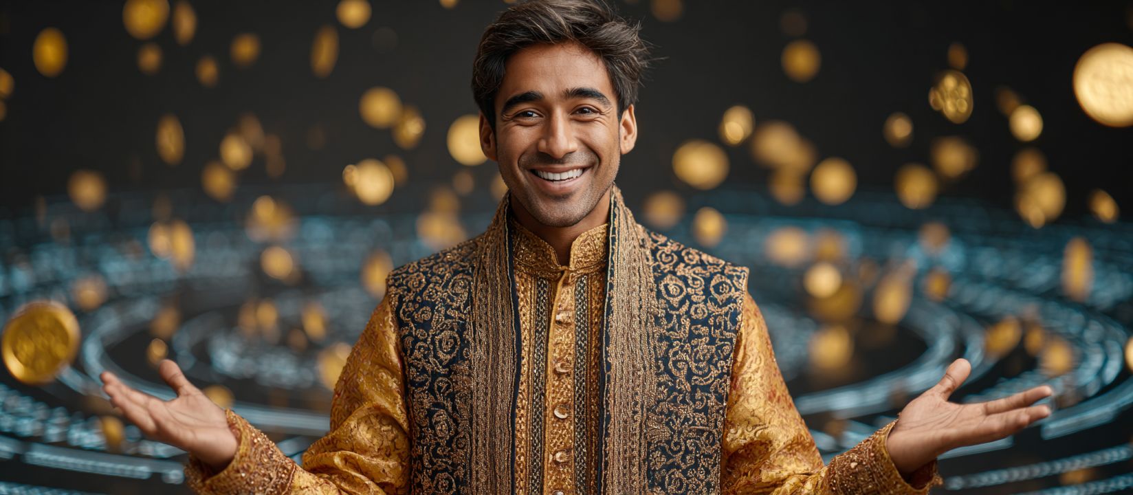 Happy man in golden traditional outfit surrounded by flying coins at OKBAJE casino