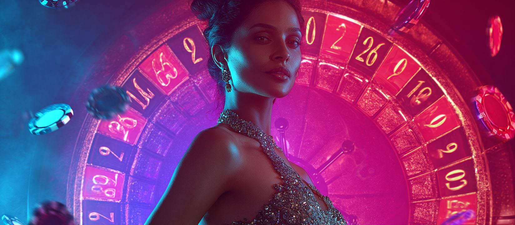 Elegant woman in sparkling evening dress standing in front of glowing roulette wheel at OKBAJE casino with flying chips