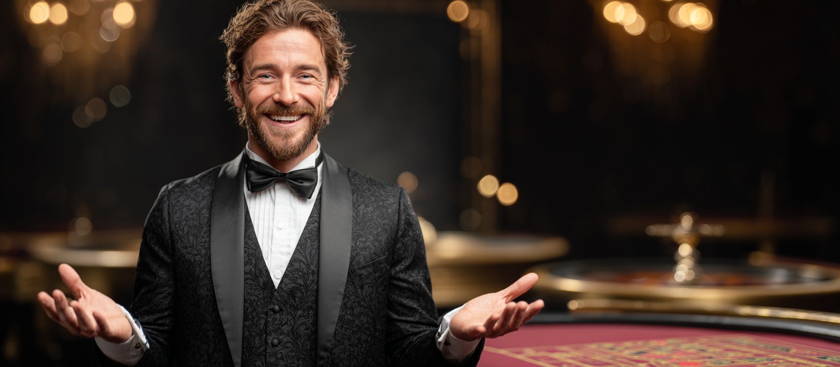 Smiling professional croupier in tuxedo welcoming players at OKBAJE live casino tables