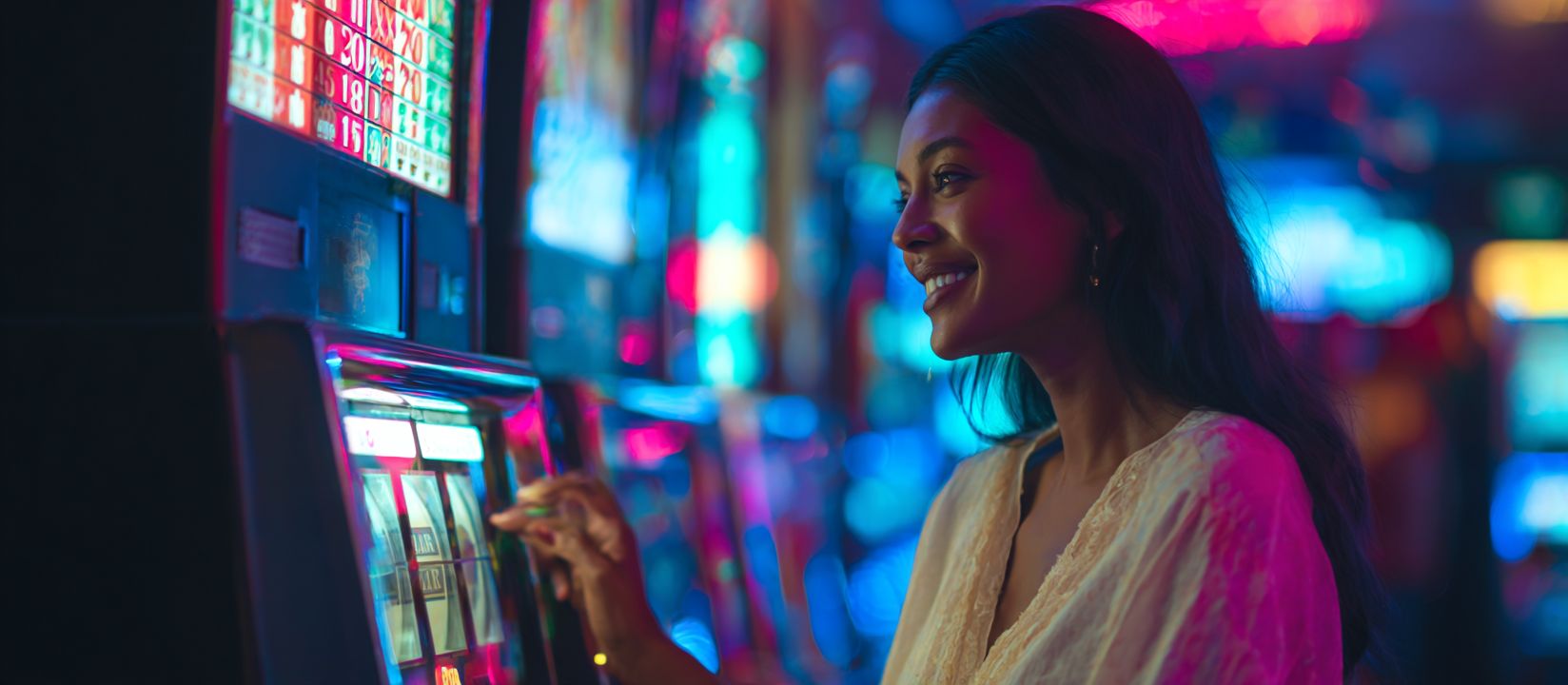 Excited woman smiling while playing slot machines with neon lights at OKBAJE online casino